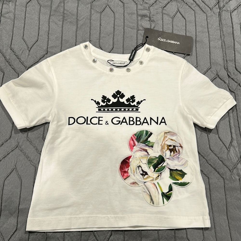 Dolce & Gabbana BNWT Girls Size 2 White T-shirt Rose Studs Princess Crown